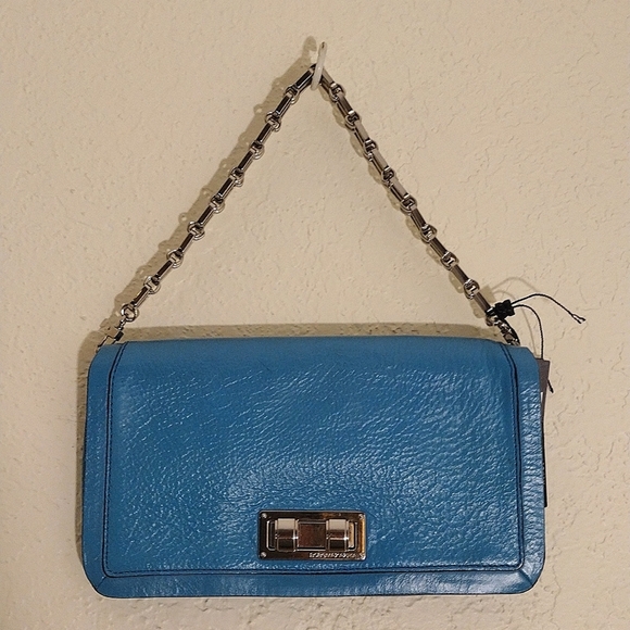BCBGMaxAzria Sophia Blue Jade Leather Small Handbag With Chain Strap - Picture 1 of 10